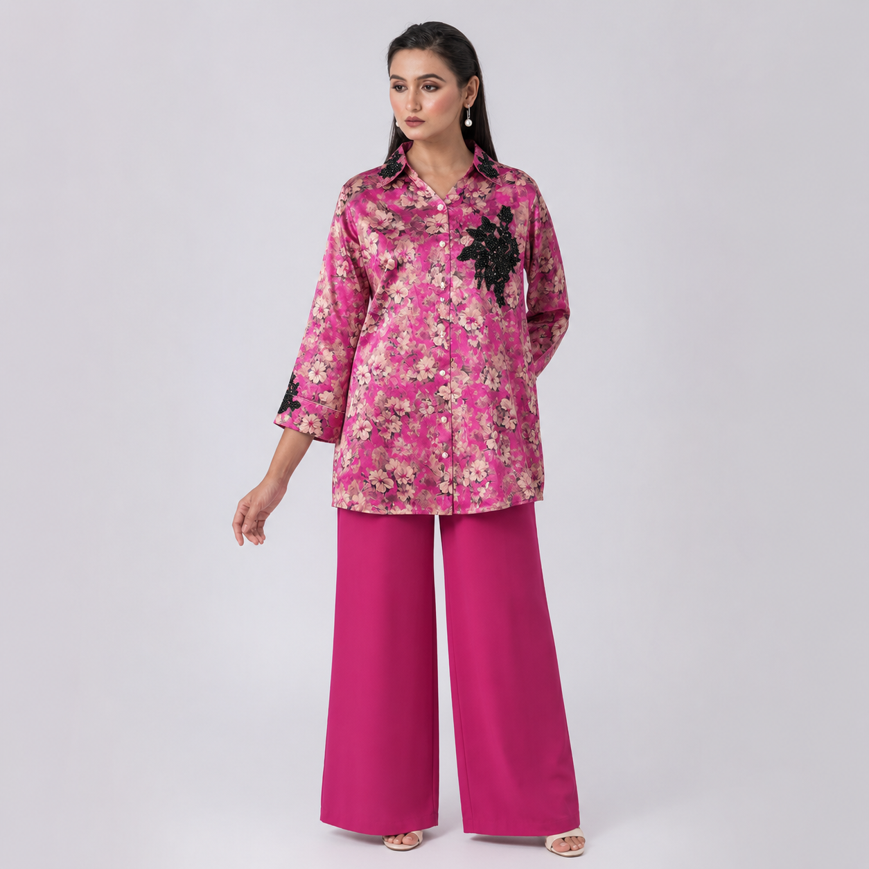 Pink Floral Embellished Satin Shirt